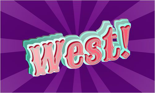 The word “West!” rendered in a Wild West-style font, with layered teal drop shadows giving it a 3D effect. Behind it is a purple starburst pattern. Screenshot.