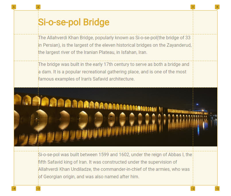 Show the grid lines of an article layout that contains an image that spans edge to edge.