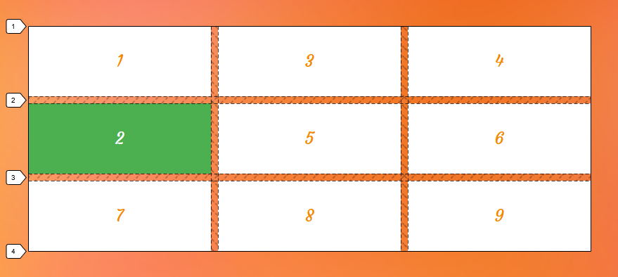 Three by three grid of white rectangles on an orange background. The first item in the second row is green and numbered two.