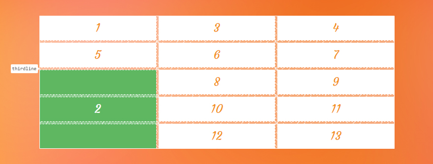 A three by five grid of rectangles. The last three rectangles in the first column are green.