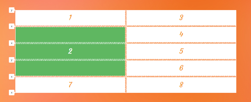 A two by 5 grid of white numbered rectangles. The second through fourth items in the first column are green.
