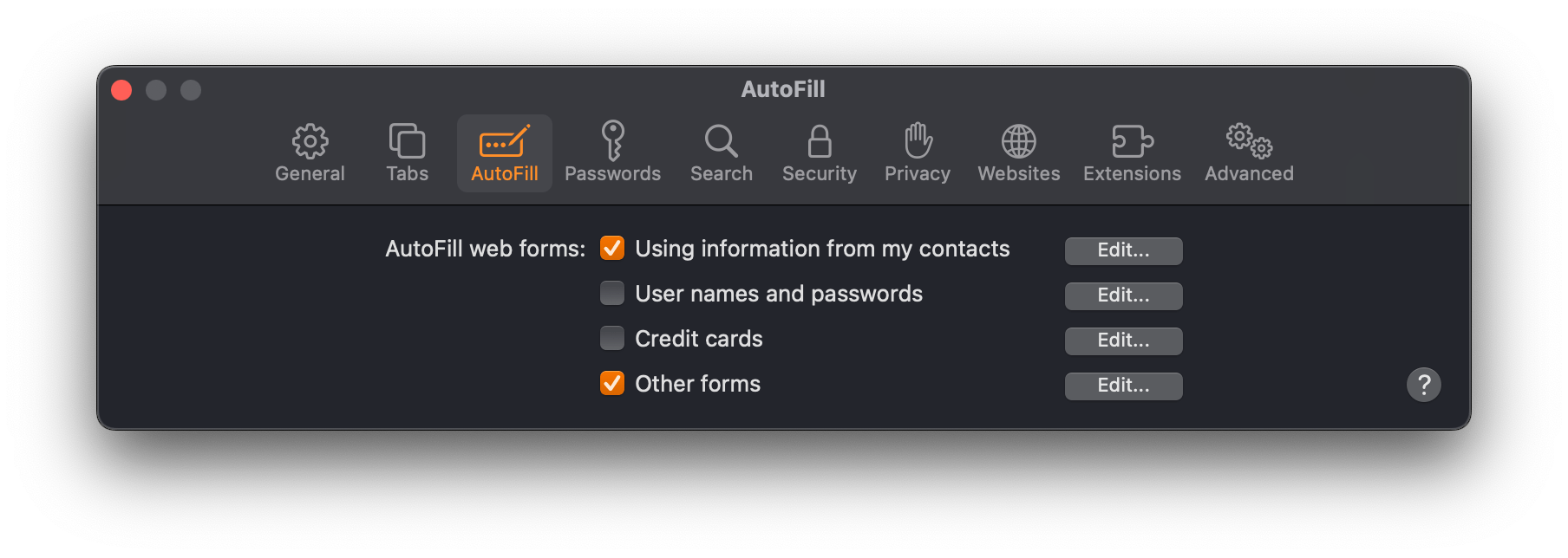 Safari autofill settings panel.