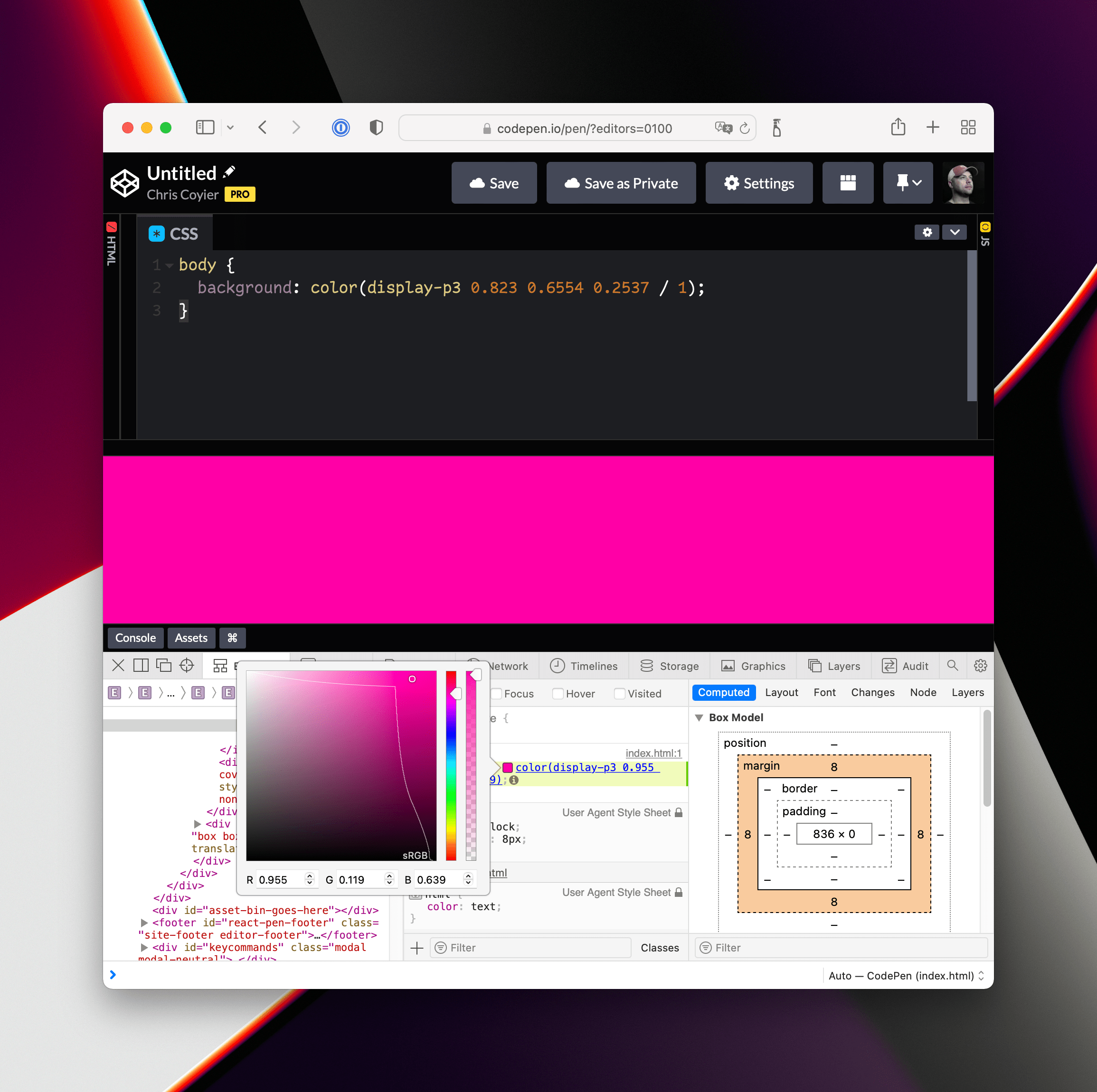 Screenshot of a super bright pink in a CodePen preview using the display-p3 CSS color syntax.