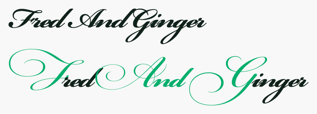 An example of a swash being applied to a script-style typeface. There’s two versions of the phrase, “Fred And Ginger”. The first version doesn’t have swashes activated. The second example does. In the second example, the letter F, and, and the letter G are highlighted to demonstrate them being activated. Screenshot.