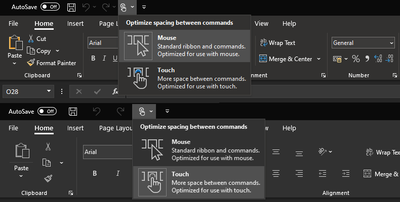Screenshot of Microsoft Office's 'Touch/Mouse mode' dropdown, and a comparison of (part of) the toolbar as it's presented in each mode