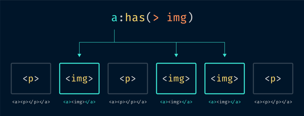 A diagram showing how the CSS selector a:has(> img) targets only links that contain images in a collection of links that contain either images or paragraphs.