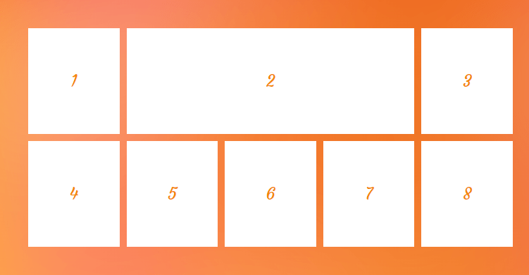 A two row grid with 5 columns. The second grid item spands the middle three columns in the first row.