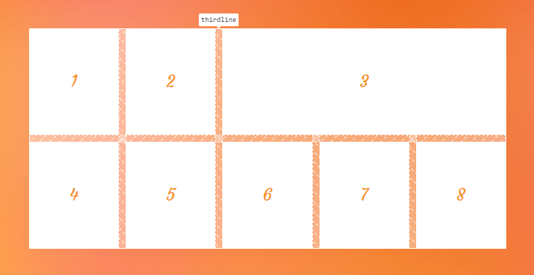 A five-by-two grid where the third item spans three columns.