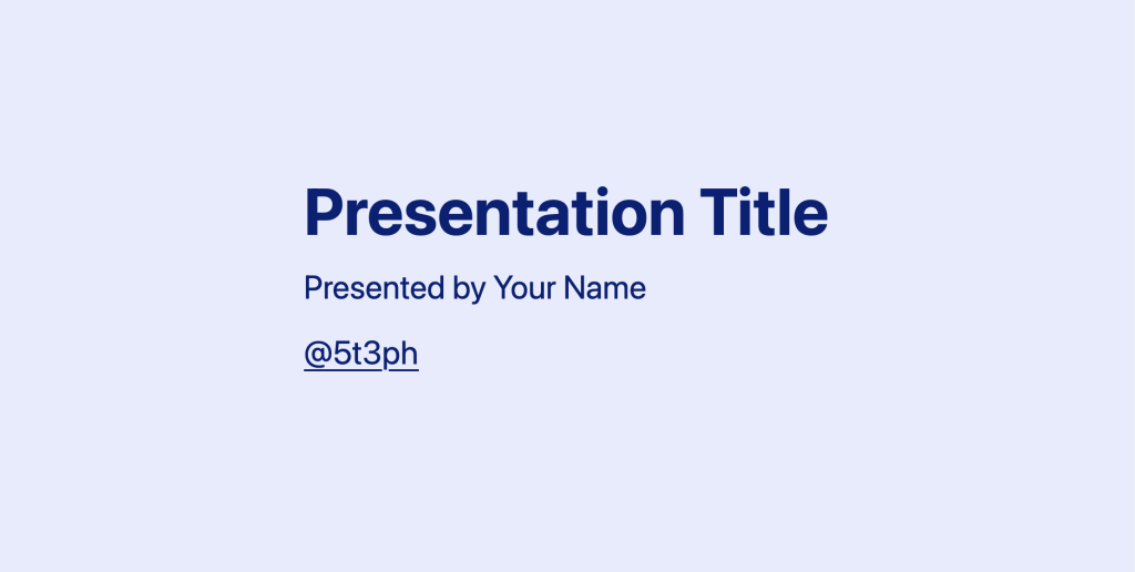 Screenshot of a CSS scroll snap slide  with the presentation title, a byline, and a Twitter handle. The text is dark blue and the background is a light blue.