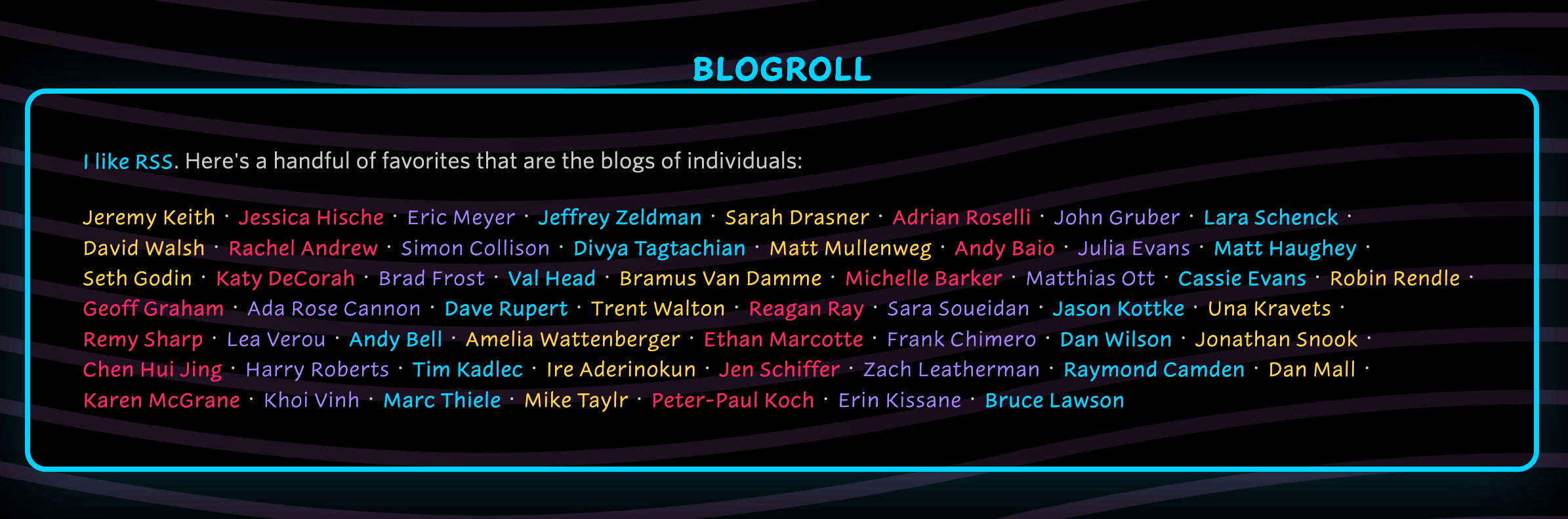 Screenshot of the blogroll on Chris Coyier's personal website, showing lots of brightly colored links with the names of blogs included in the blogroll.