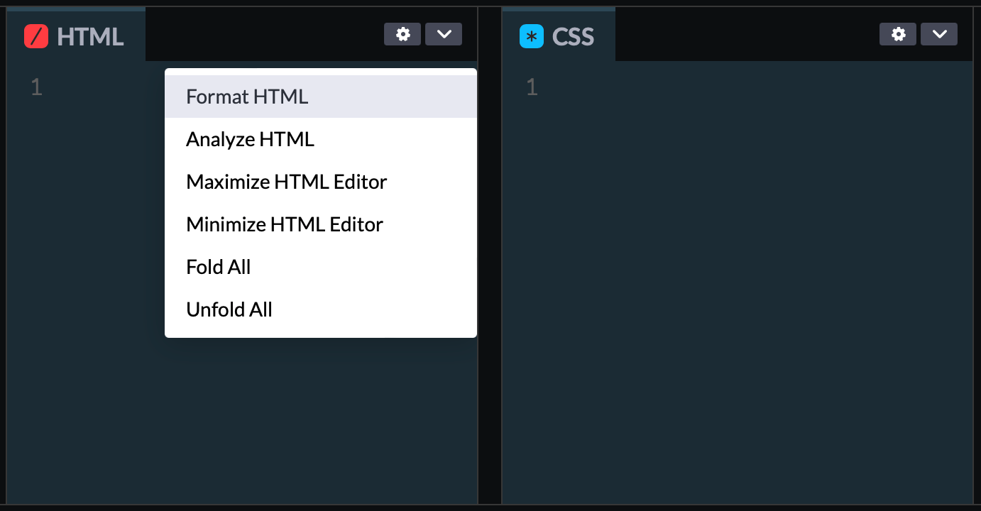 Screenshot of a CodePen's HTMLand CSS code panels. The settings menu for the HTML panel is open and highlighting the first item, which is Format HTML.