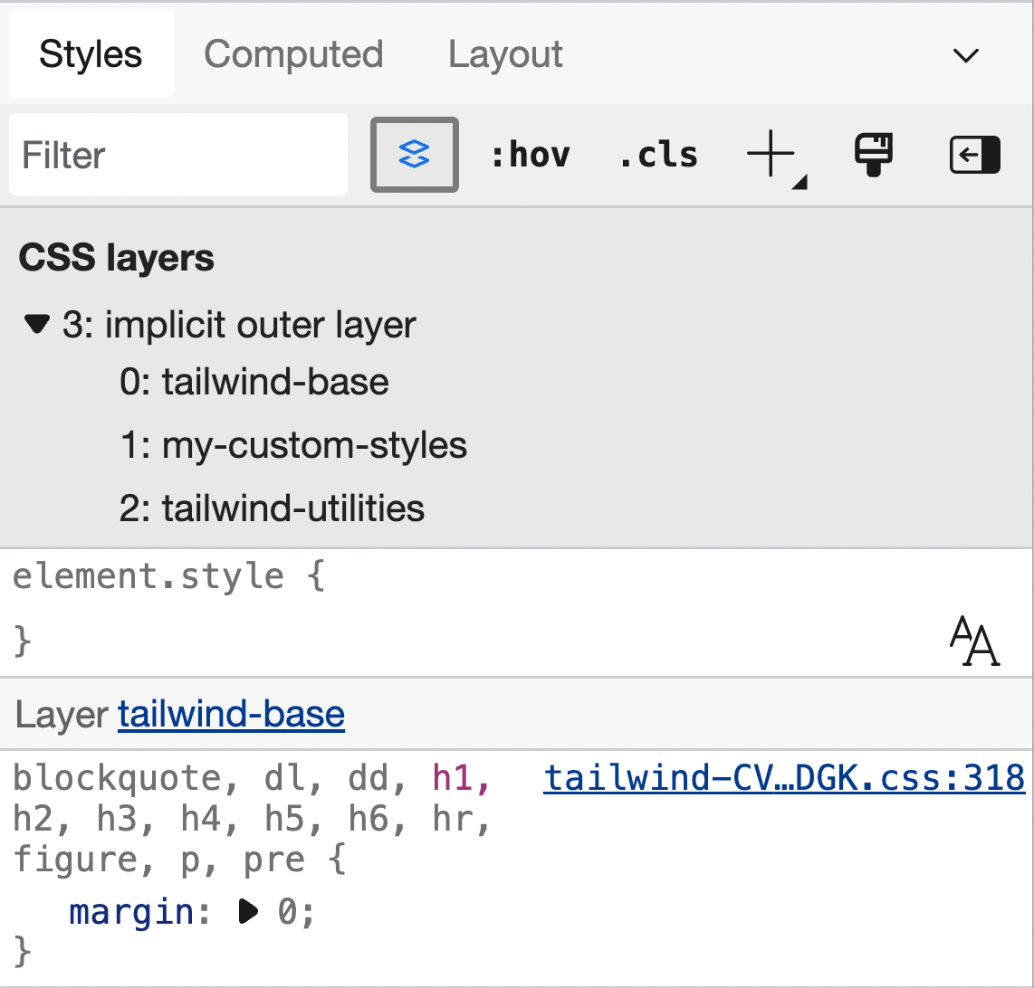 CSS Cascade Layers with Tailwind CSS layers in DevTools.