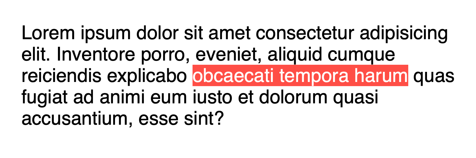 Screenshot of selected text styled with the ::selection pseudo-element in CSS in white with a red background.