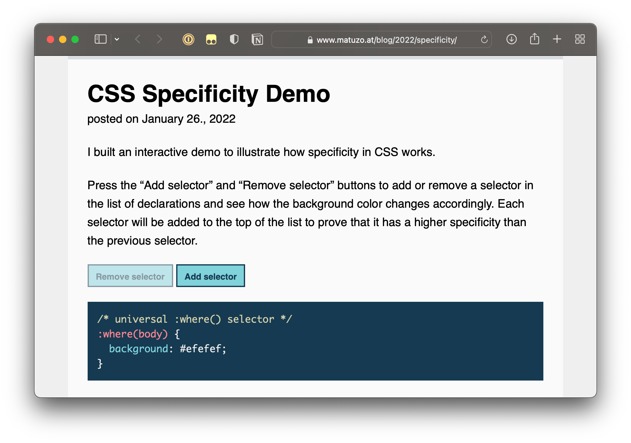 Screenshot of the CSS Specificity Demo.