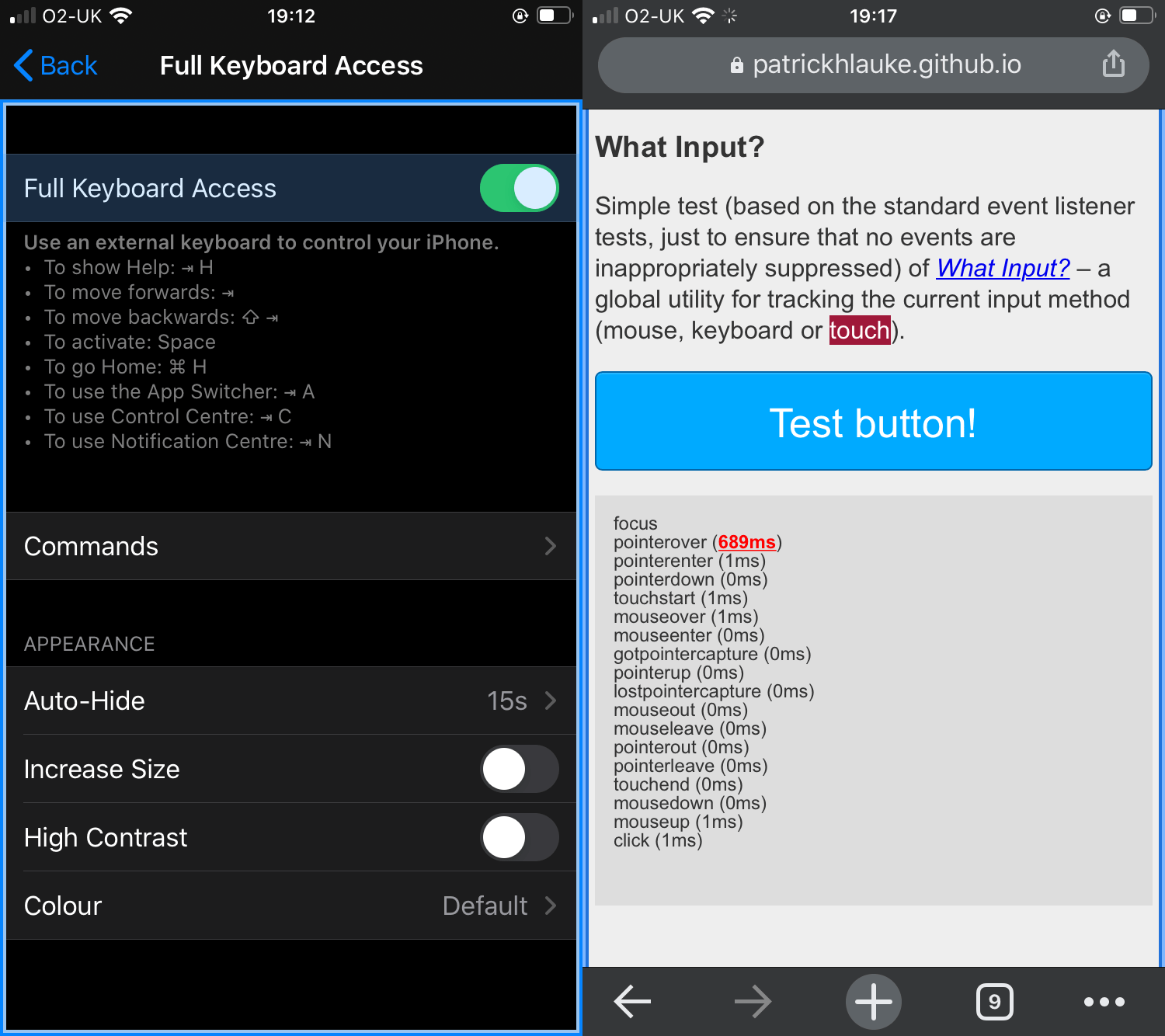 Showing iOS settings with Full Keyboard Access enabled on the left and an iPhone browser window open to the right with the What Input tool.