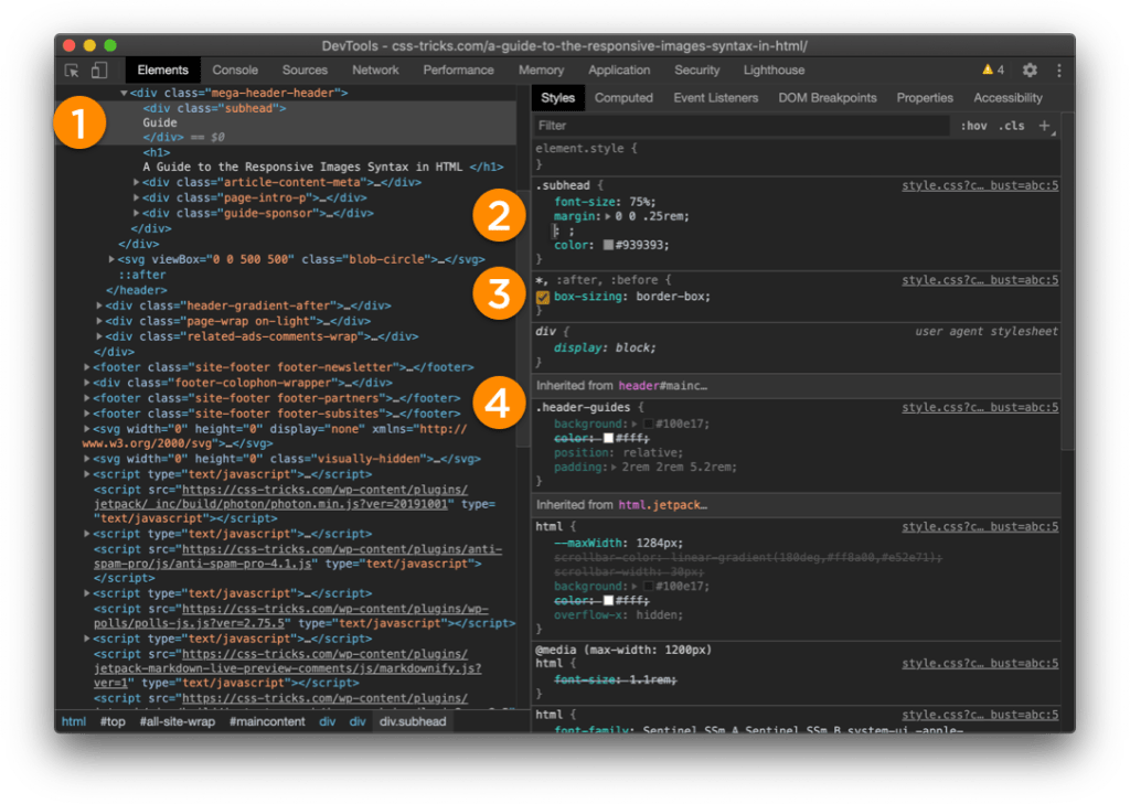 Screenshot of Chrome DevTools in dark mode. DOM elements are on the left and the Styles information is on the right.